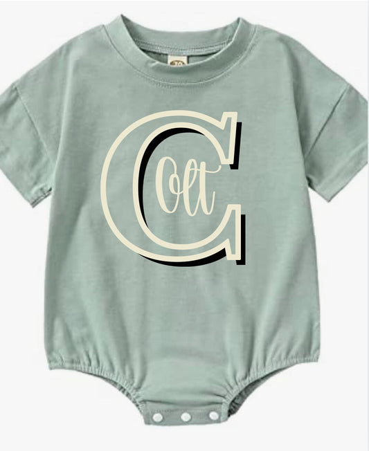 First Initial Sage Green Bubble Romper Personalized