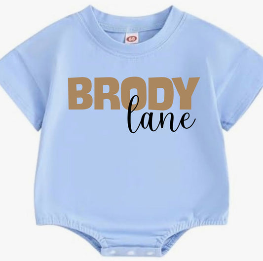 First & Middle Baby Blue/Ivory Bubble Romper Personalized